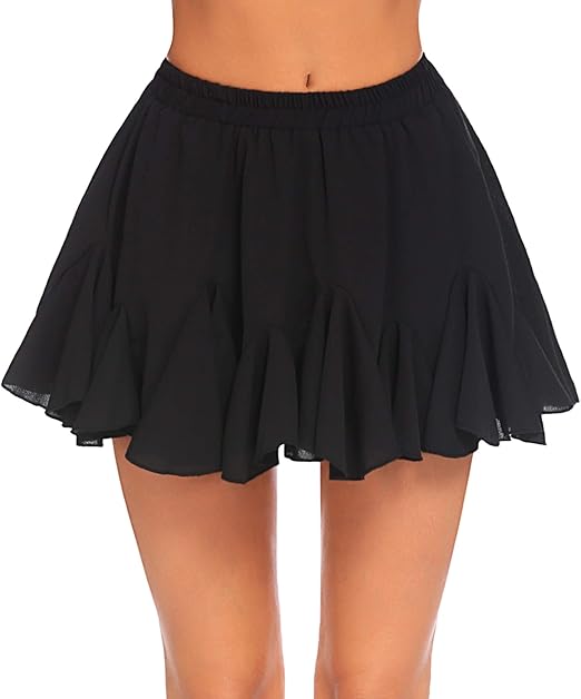 Women's Pleated Skater Skirt Basic Casual High Waist Ruffle Flared Mini Lingerie Skirt - Black