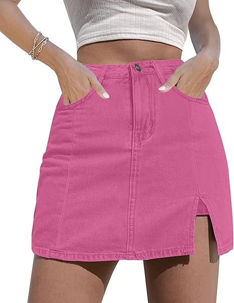 Women's Short Skirt Denim Mini Skirt Side Slits High Waist Denim Shorts Elastic - Pink