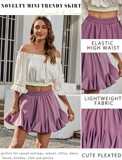 Women's Pleated Skater Skirt Basic Casual High Waist Ruffle Flared Mini Lingerie Skirt -Purple