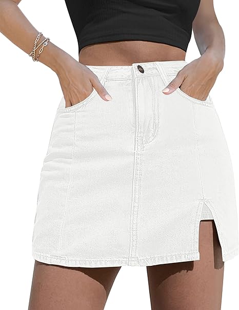 Women's Short Skirt Denim Mini Skirt Side Slits High Waist Denim Shorts Elastic - White
