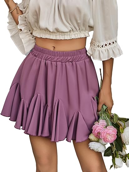 Women's Pleated Skater Skirt Basic Casual High Waist Ruffle Flared Mini Lingerie Skirt -Purple