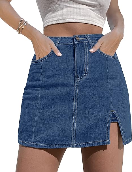 Women's Short Skirt Denim Mini Skirt Side Slits High Waist Denim Shorts Elastic - Blue
