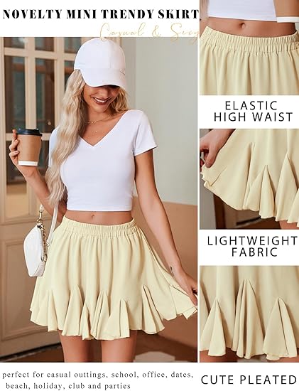 Women's Pleated Skater Skirt Basic Casual High Waist Ruffle Flared Mini Lingerie Skirt - Yellow