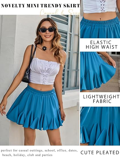 Women's Pleated Skater Skirt Basic Casual High Waist Ruffle Flared Mini Lingerie Skirt - Cyan-Blue
