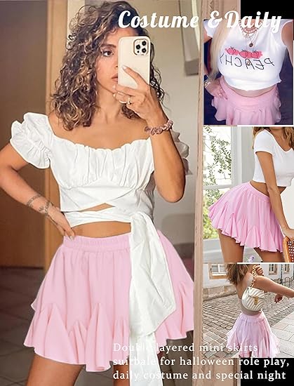Women's Pleated Skater Skirt Basic Casual High Waist Ruffle Flared Mini Lingerie Skirt - Pink