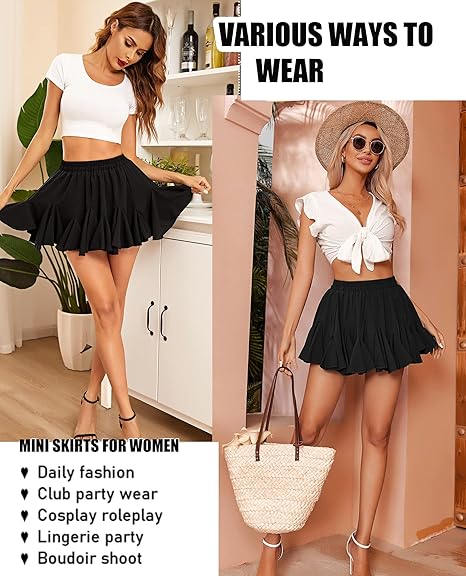 Women's Pleated Skater Skirt Basic Casual High Waist Ruffle Flared Mini Lingerie Skirt - Black