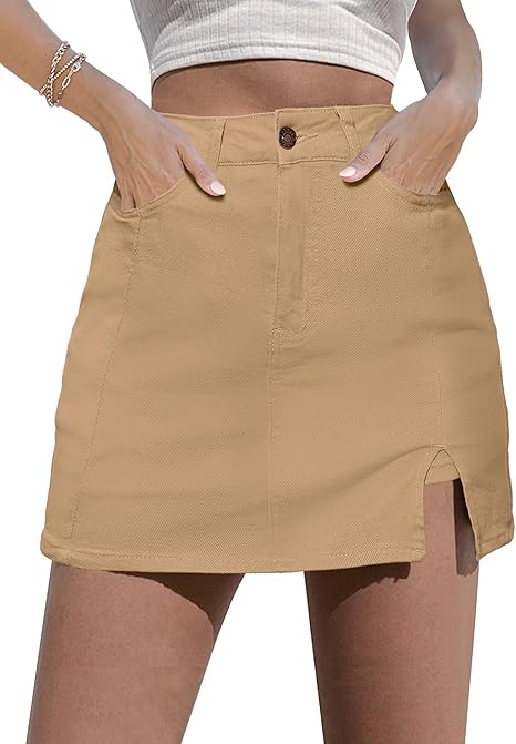 Women's Short Skirt Denim Mini Skirt Side Slits High Waist Denim Shorts Elastic - Brown