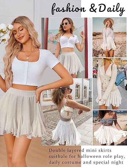 Women's Pleated Skater Skirt Basic Casual High Waist Ruffle Flared Mini Lingerie Skirt - White
